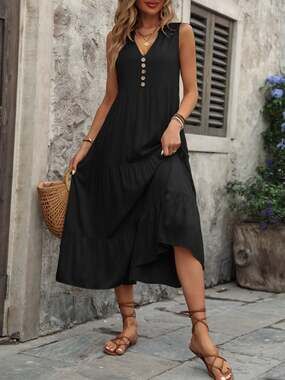 Ivy Lane Sleeveless V-Neck Tiered Midi Dress with Decorative Buttons Sz XL NWOT